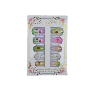 Almond press-on nails with 3D strawberry, flower and ladybug designs, 24 count