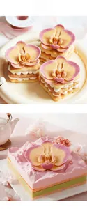 Macro detail of orchid-shaped mousse cake mold with realistic pink floral pastry texture