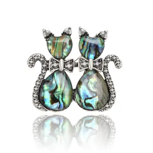 Vintage Alloy Abalone Shell Cat Brooch Elegant Animal Pin With Rhinestones Decorative Brooches For Women Gift Daily Jewelry