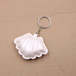 Detailed view of a white leather seashell pendant with metallic pearl finish and silver ring