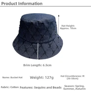 Detail view of denim bucket hat showing quilted sequins and beads embroidery specifications