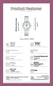 Detailed size specifications for waterproof silicone quartz watch with dimension labels