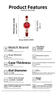 Spécifications détaillées de la montre à quartz pour femme avec bracelet rouge