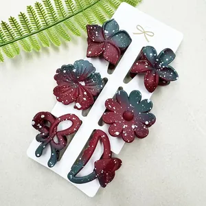 6er-Set matte Blumen-Haarklammern mit rot-grünem Farbverlauf und Farbspritzern