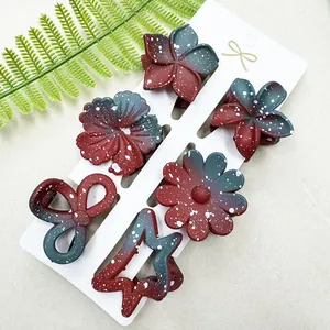 Detail von 5-teiliges Blumen-Haarklammer-Set mit dunkelrot-grünem Farbverlauf-Finish