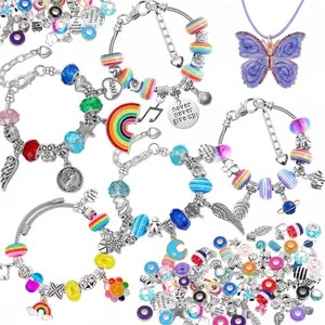 DIY colorful crystal bead jewelry set with rainbow butterfly pendants and snake chains