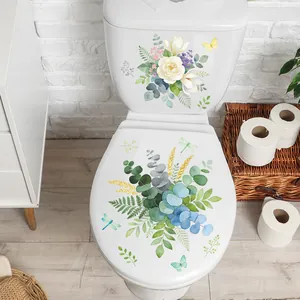 Elegant white rose and magnolia bathroom wall stickers with green leaves and butterflies