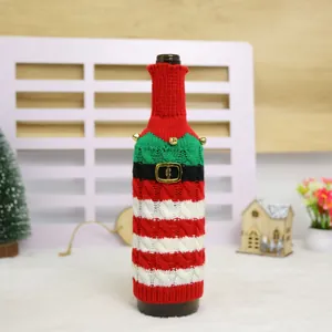 Christmas striped knitted wine bottle cover with belt and gold bell decoration