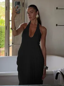 Sexy black backless halter pleated maxi dress with deep V-neck for women