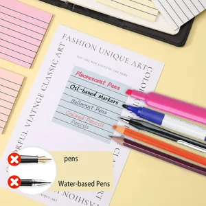 Detail showing colorful highlighter pens and pencils on Morandi transparent sticky notes