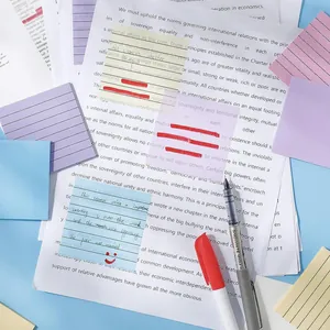 Close-up of translucent Morandi sticky notes with lines for book page marking and indexing