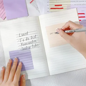 Detail of transparent Morandi index tabs and sticky notes on a white notebook page