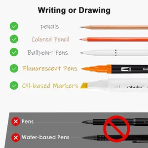Compatibility guide showing suitable markers and pencils for Morandi transparent sticky notes