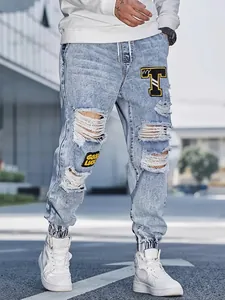 Men's Ripped Denim Jogger Pants Light Blue Washed Distressed Jeans with Embroidery Patches Elastic Waist Drawstring Trousers
