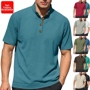 Men's corduroy henley shirt showing textured fabric detail and 10 color options