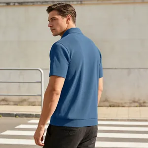 Navy blue short sleeve polo shirt for men featuring vertical ribbed knit texture