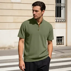 Men's olive green corduroy polo shirt with stand collar and retro buttons details
