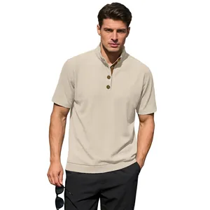 Men's short sleeve corduroy henley polo shirt in beige with three buttons