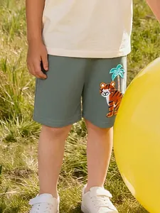 Boys Cotton Casual Shorts Tiger Palm Tree Embroidery Elastic Waistband Contrast Drawstring Mid Length Summer Kids Bottoms
