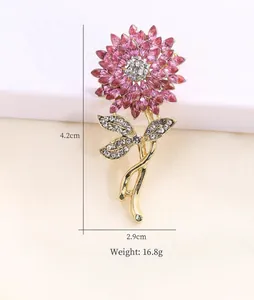 Detailed close-up of pink crystal flower brooch showing dimensions 4.2cm x 2.9cm