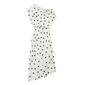 Elegant white one-shoulder midi dress featuring black polka dots and an asymmetrical hemline