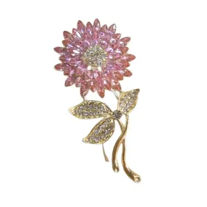 Pink sunflower brooch with crystal petals and gold plating for women suits and dresses
