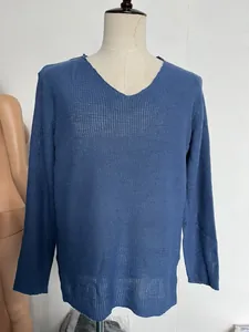 Detail of navy blue V-neck knit sweater featuring breathable mesh texture and loose fit