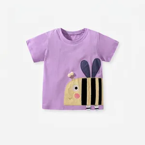 Little Maven T-Shirt à Manches Courtes en Coton pour Filles Violet Abeille Dessin Animé Applique Décontracté Été Col Rond