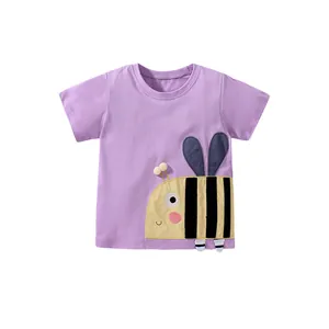 T-shirt fille en coton violet clair avec applique abeille 3D et détails pompons
