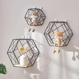 Nordic wall mounted hexagonal metal grid shelf with wood base for home decoration