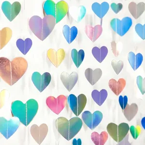 Iridescent Holographic Heart Garland Laser Paper Hanging Decoration For Valentine Day Wedding Birthday Party Backdrop Decor