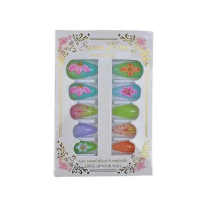 Macaron gradient press-on nails with 3D flower embossing and almond shape design