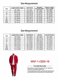 Detailed size chart for men's athletic tracksuit set in centimeters and inches
