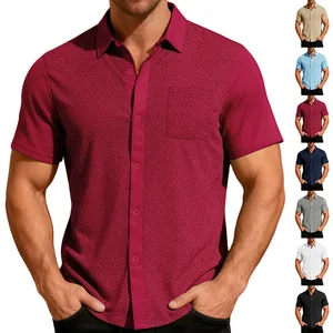 Men Short Sleeve Casual Shirt Jacquard Waffle Texture Breathable Lapel Button Down Polyester Spandex Summer Top