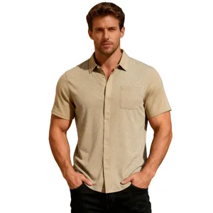Men's khaki short sleeve button down shirt with jacquard texture and lapel collar