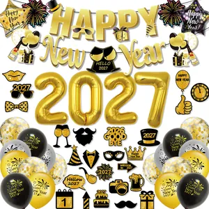 2027 Happy New Year Party Decoration Set Black Gold Latex Balloons Aluminum Foil Numbers Banner Photo Booth Props Kit