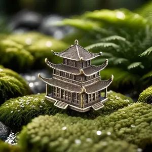 Detailed macro view of a 3-layer bronze pagoda miniature placed on moss for bonsai decor