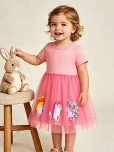 Robe de Princesse en Mesh avec Broderie de Licorne Rose pour Petites Filles Manches Courtes en Coton Tricoté Patchwork Fête