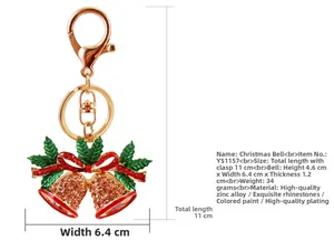 Detailed specs of Christmas bell keychain with dimensions 11cm length and rhinestone accents