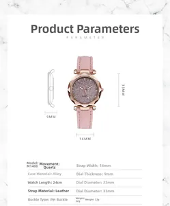 Detailed specs of pink starry quartz watch with rose gold case and leather strap