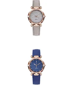 Detail of rose gold quartz watches featuring faceted glass and starry sky glitter dials