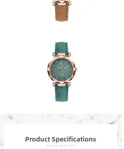 Macro detail of starry emerald dial with rose gold bezel and quartz movement
