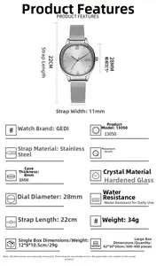 Detailed specs of silver quartz watch with 28mm dial and stainless steel mesh strap