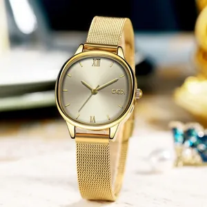 Elegant GEDI women's gold mesh watch with champagne sunray dial and Roman numerals