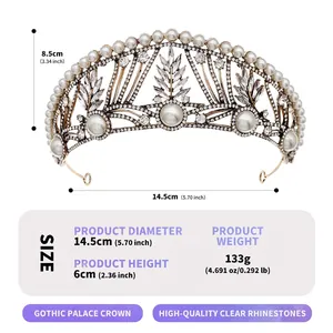 Baroque vintage gold crown with pearls and rhinestones shown with size dimensions