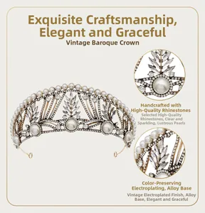 Macro detail of Baroque crown featuring gold alloy base, white pearls, and rhinestones