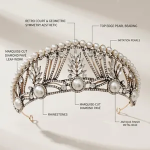 Detail showing marquise-cut rhinestones and pearls on the vintage baroque tiara