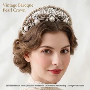 Vintage Baroque Gold Bridal Crown Tiara For Women Luxury Rhinestone Artificial Pearl Leaf Geometric Wedding Party Headpiece Jewelry