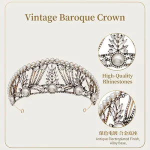 Baroque golden tiara with pearls and crystals in vintage French palace style