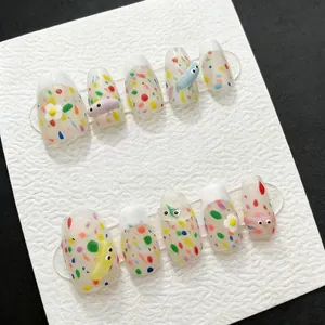 Almond Shape Press On Nails White Base Colorful Polka Dot Pattern 3D Resin Bear Heart Decor Artificial False Nails Women